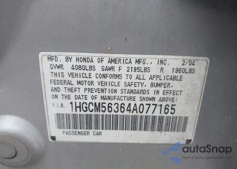 2004 Honda Accord 2.4 Lx from USA, damaged, VIN 1HGCM56364A077165
